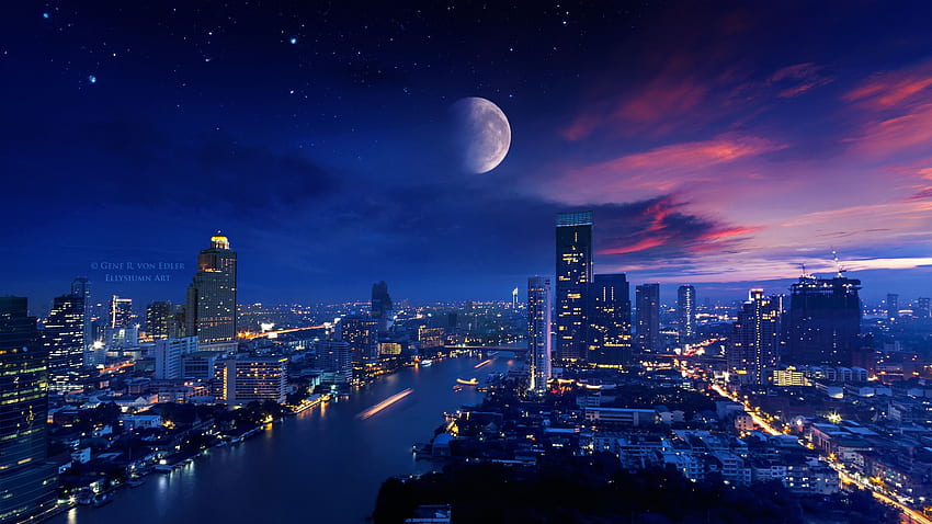 街の明かり 月 鮮やかな 1440P 解像度 , , 背景, と , 鮮やかな 高画質の壁紙
