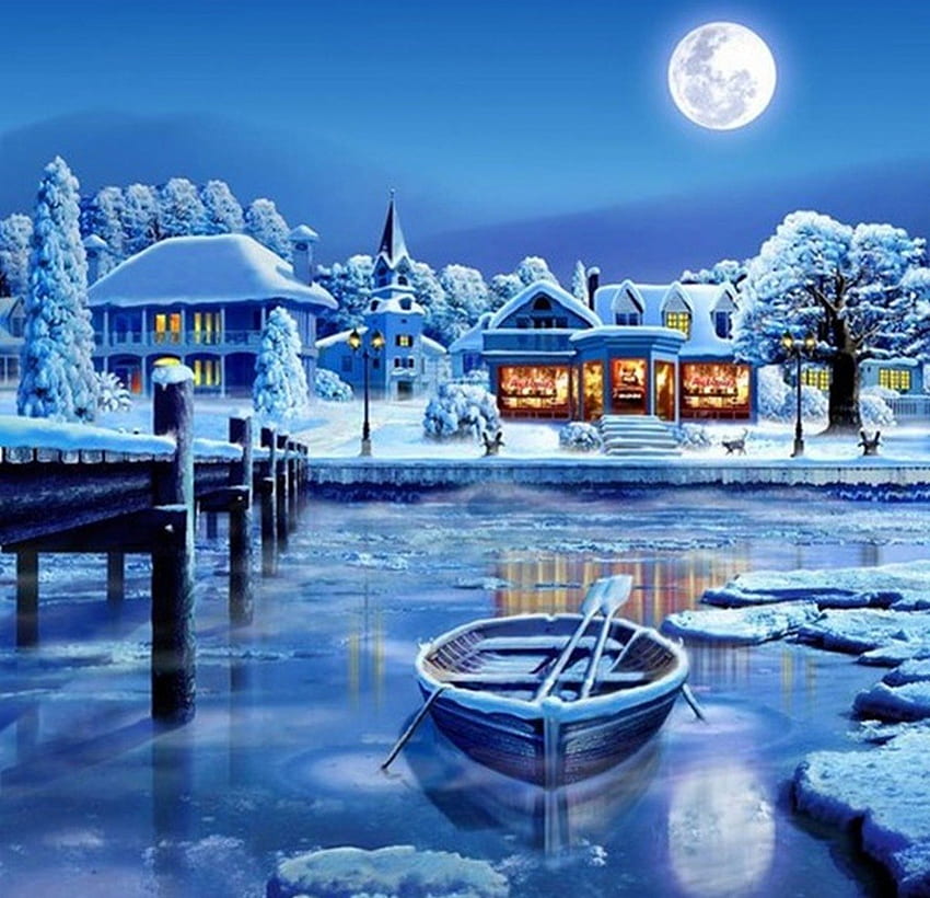 by Adrian Chesterman, winter, river, boat, painting, art, landscape, houses HD wallpaper