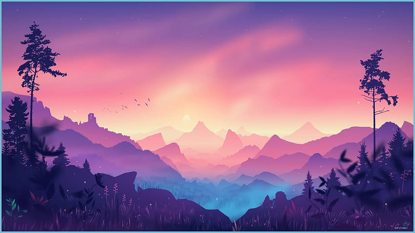 Sztuka cyfrowa, horyzont, góry, las, różowawy — sztuka cyfrowa, rysunek cyfrowy Tapeta HD