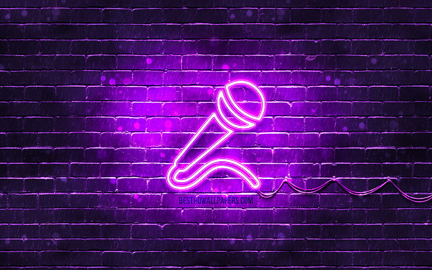 Neonowa ikona mikrofonu, fioletowe tło, neonowe symbole, mikrofon, kreatywne, neonowe ikony, znak mikrofonu, znaki muzyczne, ikona mikrofonu, ikony muzyki z rozdzielczością. Wysoka jakość Tapeta HD