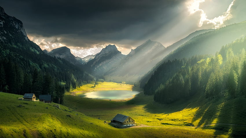 Alpine Valley In Switzerland, sky, alps, peaks, sunrays, landscape, clouds HD wallpaper