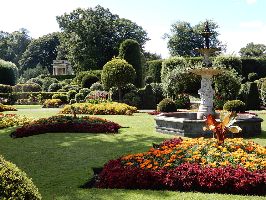 Brodsworth Hall Gardens、木々、庭、花、色 高画質の壁紙
