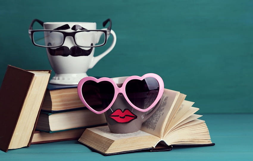 books, coffee, glasses, mug, cup, lips, funny, glasses, cute, books, mustache for , section настроения HD wallpaper