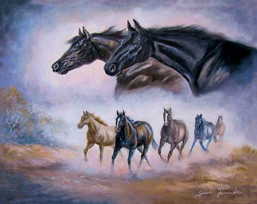 ม้า งานศิลปะ วาด บุคคล ฝูงสัตว์ การควบม้า วอลล์เปเปอร์ HD