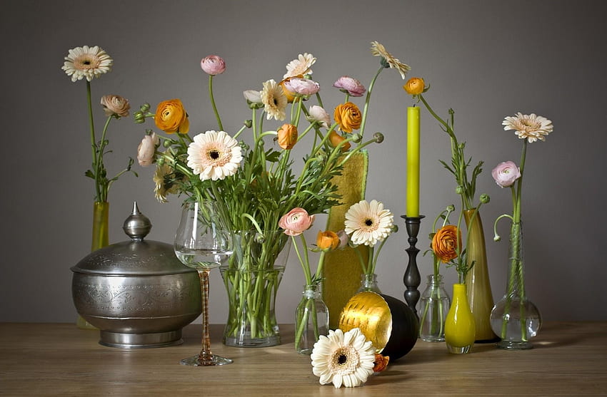 Blumen, Gerbera, Registrierung, Typografie, Ranunkel, Ranunkulus, Kerze, Gläser, Vasen, Kelche HD-Hintergrundbild