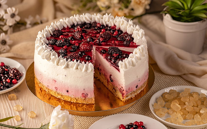 berries cheesecake, cake with berries, blackberries, cakes, sweets, white cream, cream cake HD wallpaper