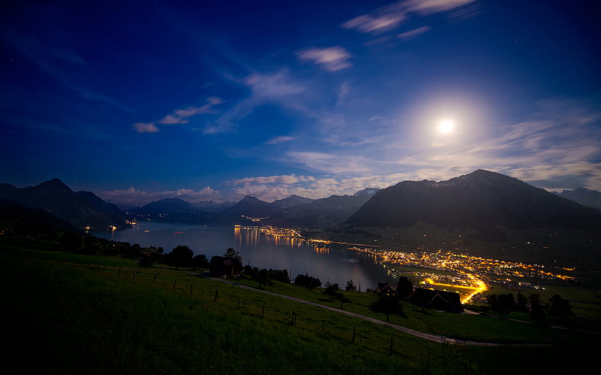 Lake Lucerne , Switzerland, Moon light, Landscape, Night time, Nature HD wallpaper