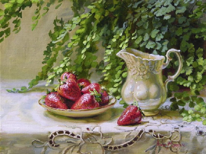 Strawberries & Cream, table, pitcher, plate, painting, strawberries, greenery, cloth HD wallpaper