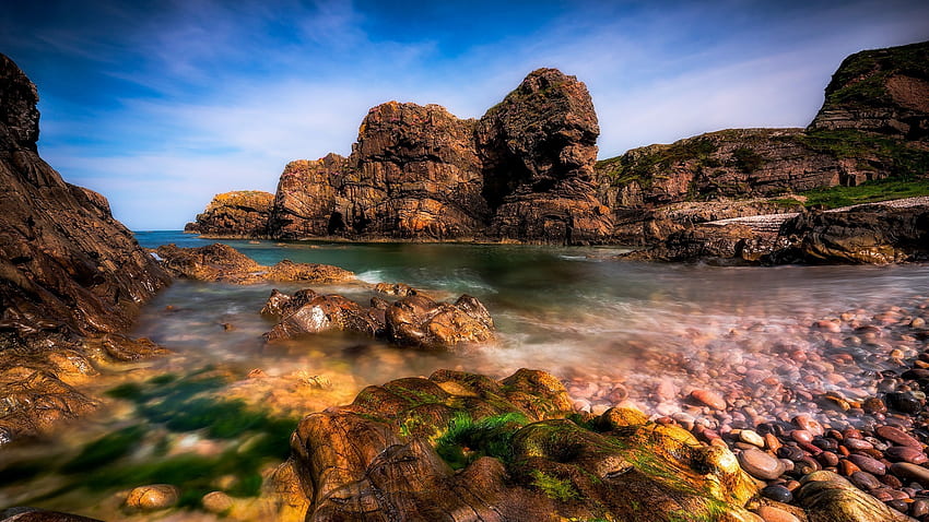 Costa rocosa, rocas, mar, paisaje, cielo, piedras fondo de pantalla