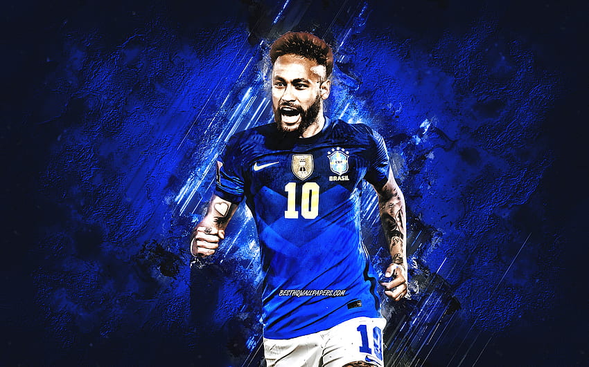 Neymar, brasilianische Fußballnationalmannschaft, Grunge-Kunst, blauer Steinhintergrund, Brasilien, Fußball, Neymar-Kunst HD-Hintergrundbild