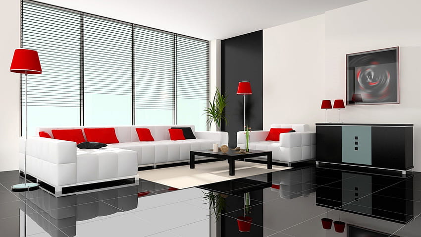 Aconchegante sala de estar, mesa, treinador, branco, vermelho papel de parede HD