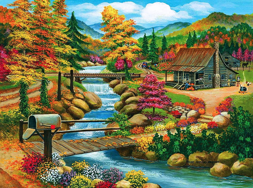 temporada de otoño, obra de arte, río, pintura, árboles, puente, cielo, cabaña, piedras fondo de pantalla