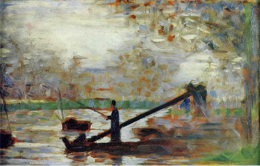 Mann, der von einem festgemachten Boot aus fischt - Georges Seurat HD-Hintergrundbild