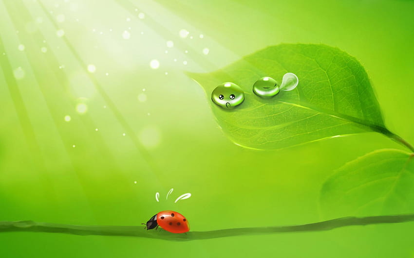 :-), ladybug, cute, water drops, buburuza, fantasy, green, gargarita, red, vector, funny, leaf, dew HD wallpaper