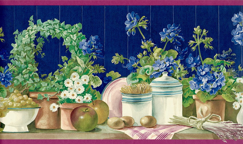 Country Kitchen Border Blue Flowers Green Leaf - Etsy New Zealand HD wallpaper