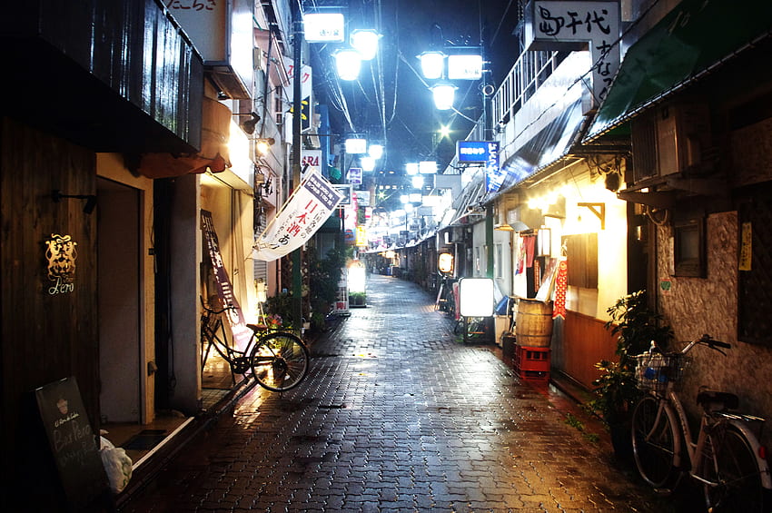: Япония, светлини, град, улица, нощ, Азия, дъжд, път, градска японска алея HD тапет