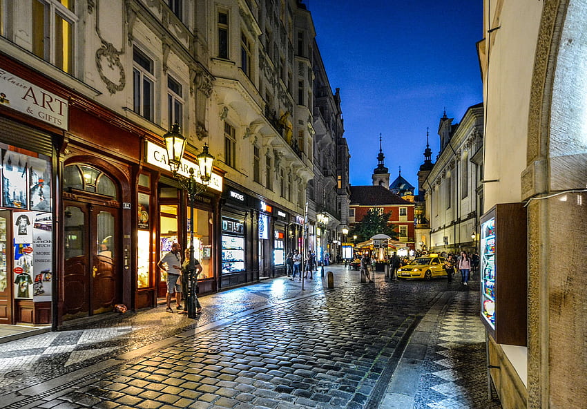 city, czech, european, evening, night, old, prague, praha, republic, shops, street, town HD wallpaper