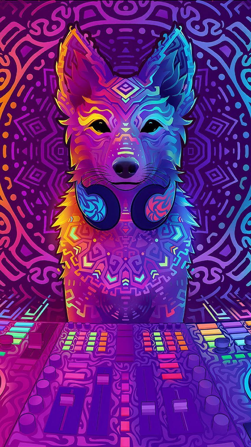 Wolf disco jockey muzyka grafika. Grafika muzyczna, sztuka psychodeliczna, sztuka futrzana, grafika wilka Tapeta na telefon HD