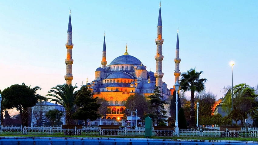 the blue mosque istanbul, blue, trees, minaretes, mosque HD wallpaper