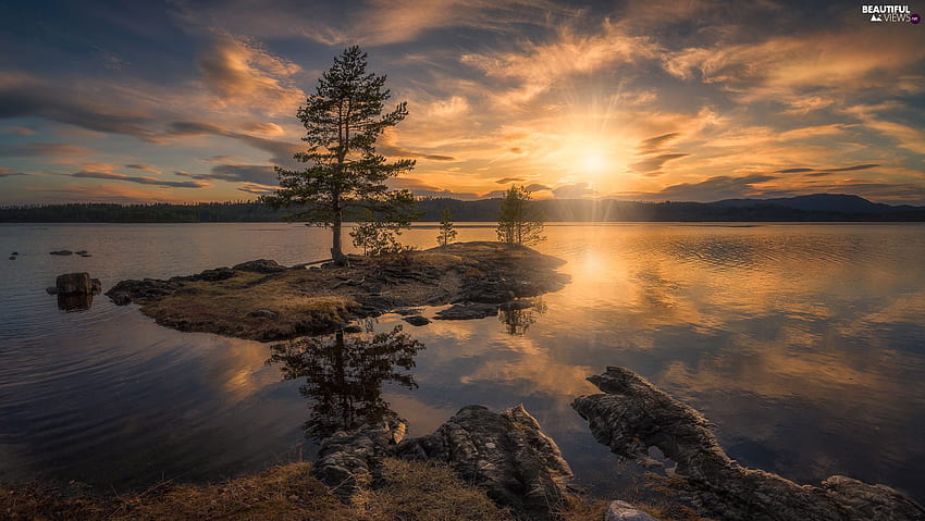 jezioro, gmina Ringerike, drzewa, wschód słońca, Norwegia, wysepka, 2048x1153 Tapeta HD
