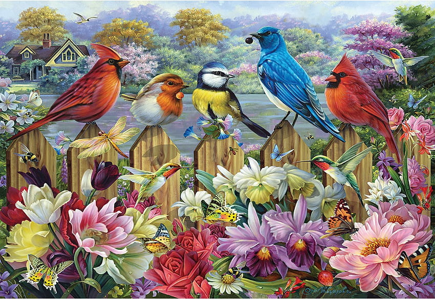 Aves em um jardim florescente, flores, cerca, cardeais, chapins, pintura, pássaro azul papel de parede HD