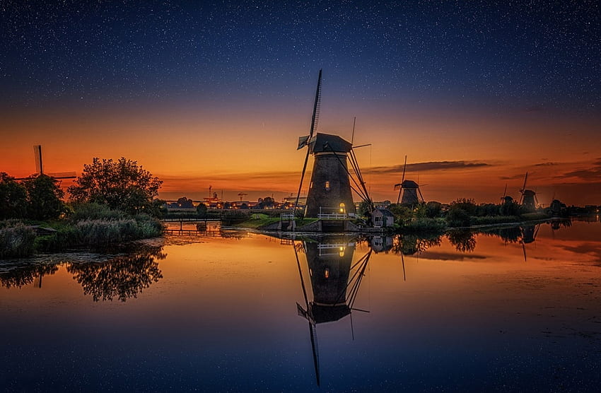 windmill, cute, nature, sunset HD wallpaper