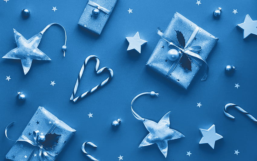 blu di Natale, felice anno nuovo, natalizio con regali, scatole regalo, Capodanno, buon Natale Sfondo HD