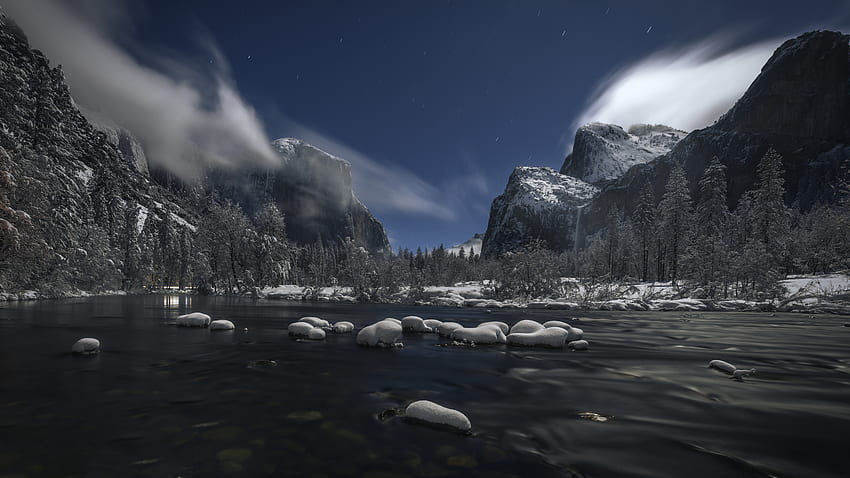 Национален парк Йосемити, пейзаж, зима, река, вечер, , природа, сняг HD тапет