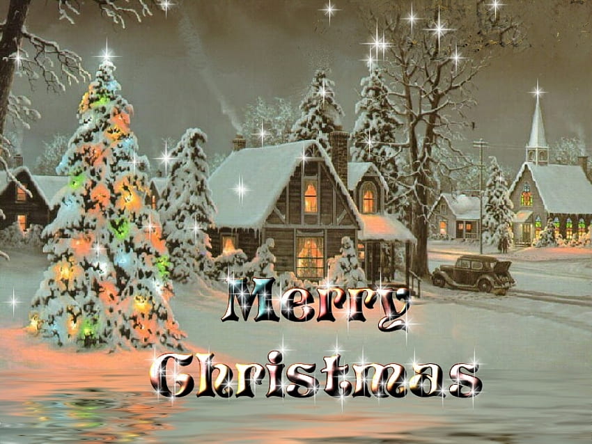Празнична нощ, зима, празник, сняг, коледа, Дядо Коледа, дърво HD тапет