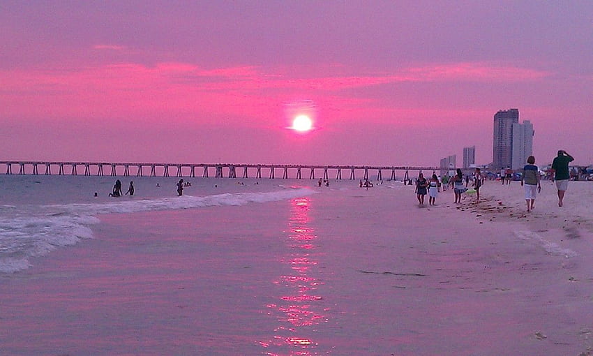 Beach: Pink Sunrise Serenity Sky Wonderful Bridge Nature Sun, Pink Tropical Beach HD wallpaper