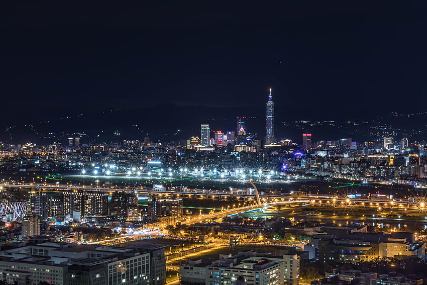 Градове, Изглед отгоре, Нощен град, Градски светлини, Небостъргачи, Тайван Тайпе HD тапет