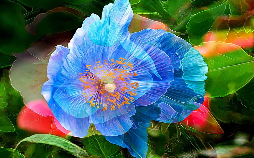 Blue poppy, blue, art, spring, painting, poppy, pictura, flower, green, red, texture, luminos HD wallpaper