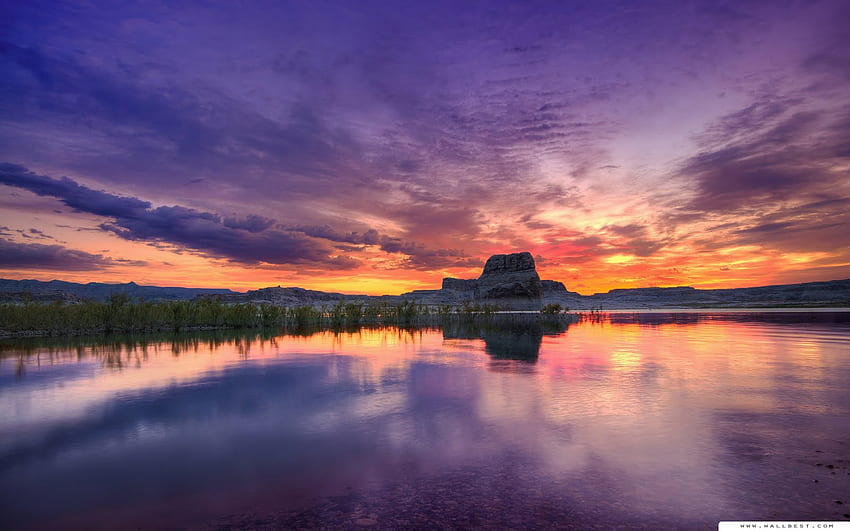 Beautiful lake sunset, colourful, creative, lake, sunset HD wallpaper
