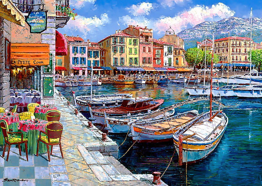 Cafe in Cassis, art, que, beautiful, houses, cafe, painting, boats, harbor, village HD wallpaper