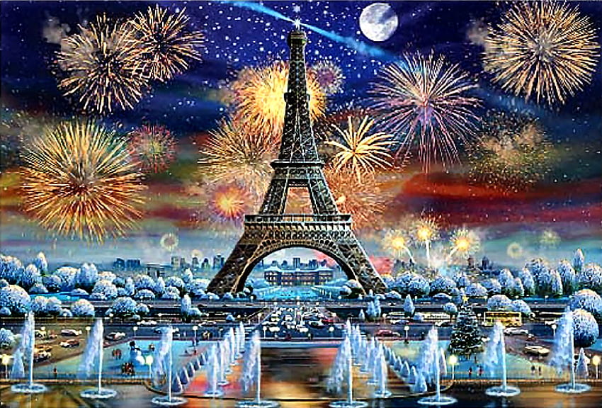 Eiffel Tower Celebration F, architecture, art, landscape, France, beautiful, illustration, artwork, scenery, wide screen, painting, Eiffel Tower, around the world, Paris HD wallpaper