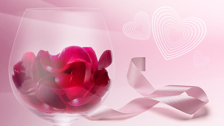 Rose in a Glass, personaggio firefox, nastro, estate, rosa, rosa, vetro, cuori, fiori, giorno di San Valentino Sfondo HD