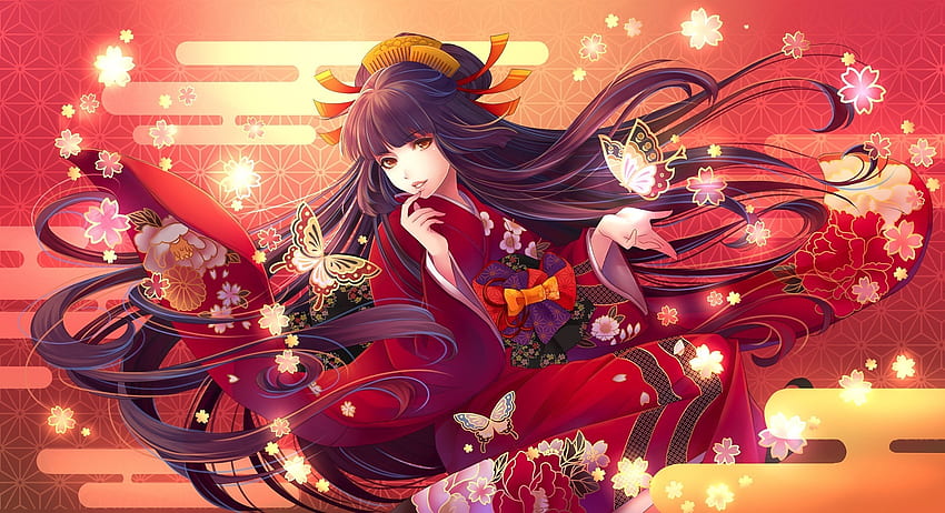 Rambut panjang, gadis anime, pakaian tradisional, anime Wallpaper HD