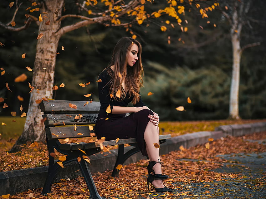 Girl sit on bench, park, leaves, autumn , Girl Sitting HD wallpaper