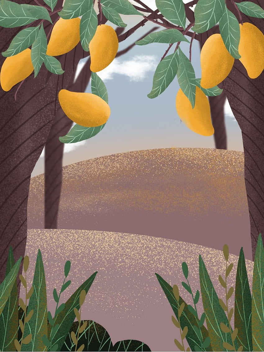 Анимационен ръчно нарисуван фон за илюстрация на мангово дърво, малък свеж фон, универсален фон, фон за илюстрация на плодов фон за HD тапет за телефон