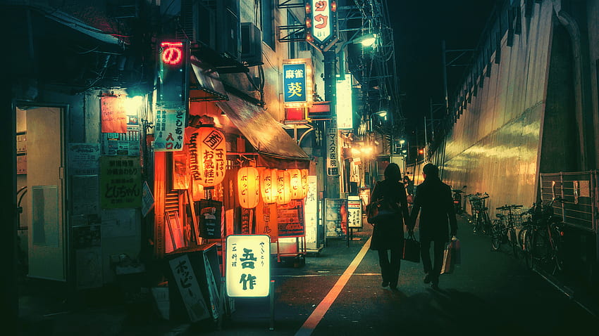 : city, street, cityscape, night, neon, bicycle, road, Urban Japanese ...