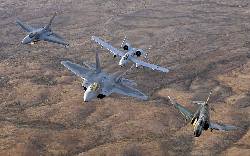 Cuatro aviones de combate grises, General Dynamics F 16 Fighting Falcon, McDonnell Douglas F-4 Phantom II fondo de pantalla