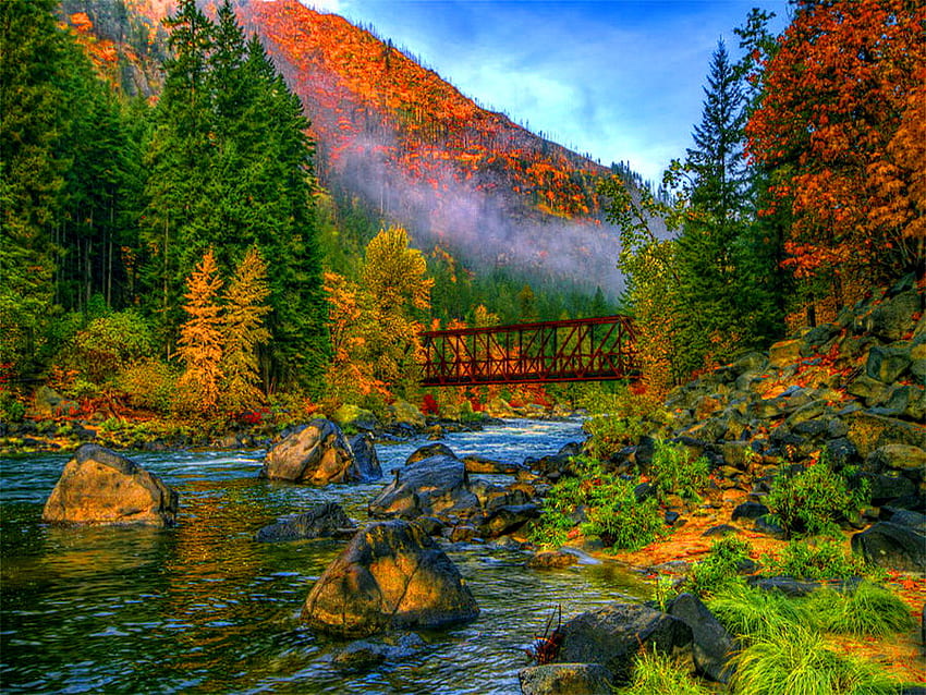 Mountain river, river, creek, fall, stones, mountain, summer, bridge, clouds, autumn, nature, sky, water, water stream HD wallpaper