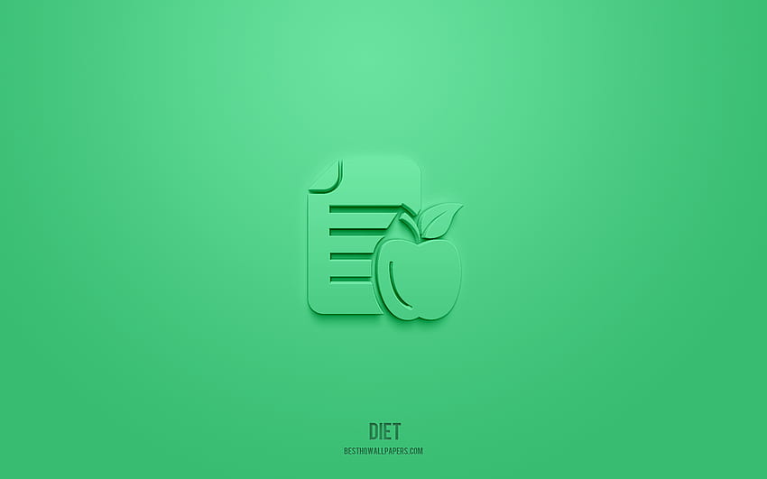 Dieta ícone 3d, fundo verde, símbolos 3d, Dieta, ícones de alimentação saudável, ícones 3d, Sinal de dieta, ícones 3d de alimentação saudável papel de parede HD