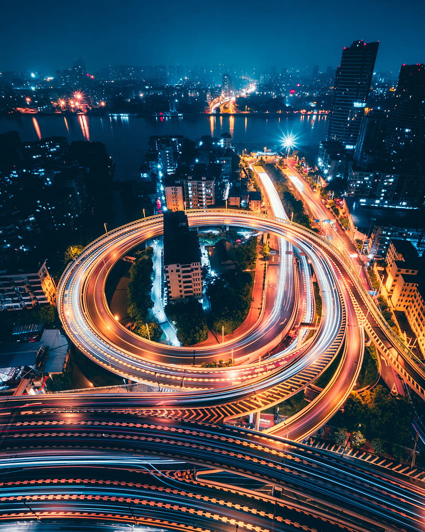 Städte, Nachtstadt, Lichter der Stadt, Wolkenkratzer, China, Verkehrsknotenpunkt, Verkehrsknotenpunkt, Guangzhou HD-Handy-Hintergrundbild