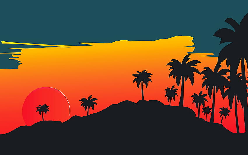 abstract sunset, , abstract landscapes, creative, palm trees silhouettes, sunset, abstract mountains HD wallpaper