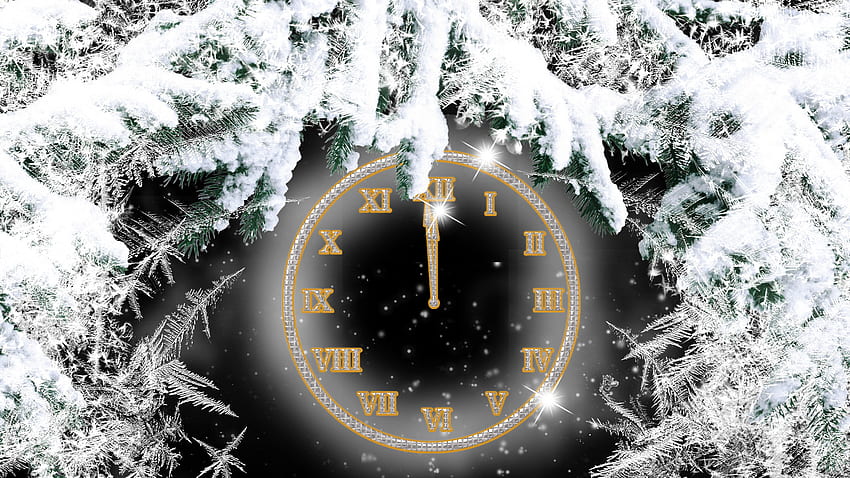 Presque minuit, hiver, gel, minuit, veille, nouvel an, branches, temps, neige, arbres, horloge, glace Fond d'écran HD