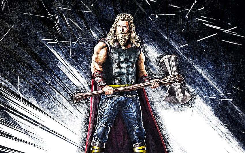 Thor, sztuka grunge, superbohaterowie, Marvel Comics, niebieskie promienie abstrakcyjne, Chris Hemsworth, Thor Tapeta HD