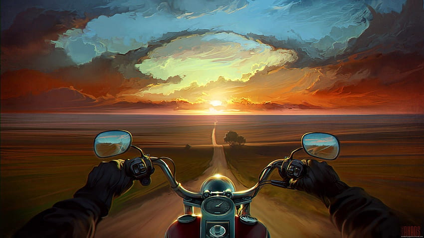 Bike riding into sunset artwork, Motorcycle Scenery HD wallpaper
