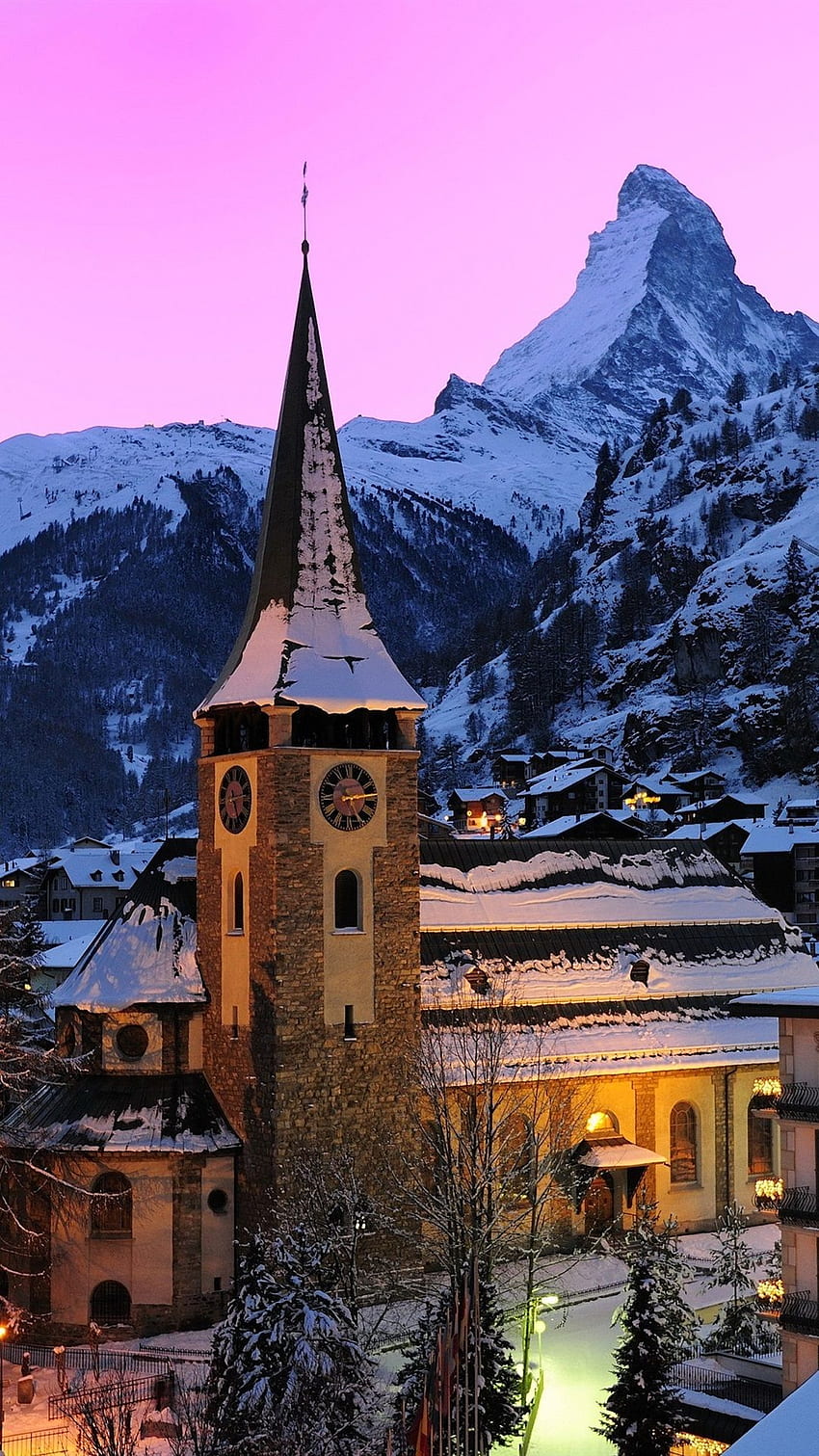 스위스, 체르마트, 스위스 알프스, 산, 눈, 주택, 밤, 조명 IPhone 8 7 6 6S Plus , 배경, , 스위스 타운 HD 전화 배경 화면