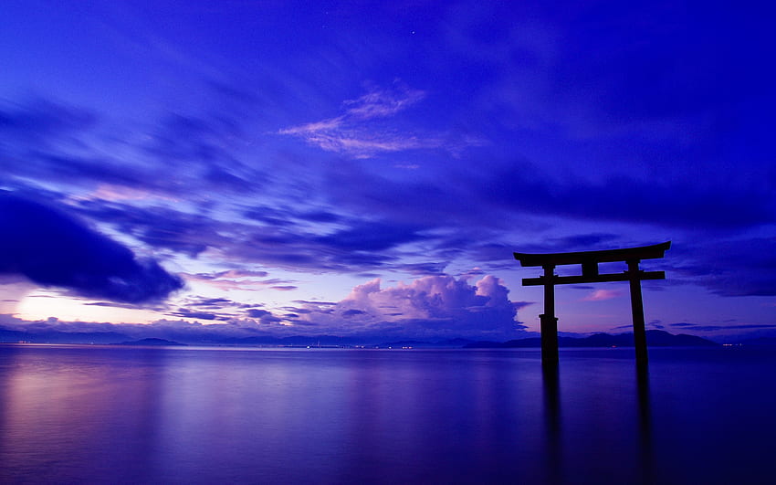 Japan, ocean, sky, clouds, gate, torii, dusk , , Japanese Torii HD wallpaper